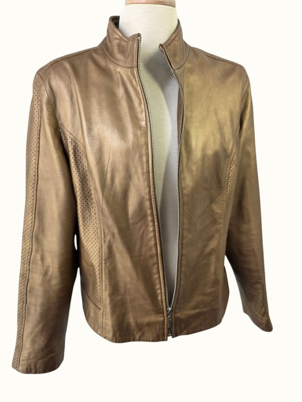 Vintage Georgiou Studio Metallic Leather Jacket Women 14 Gold Bronz Paisley Line